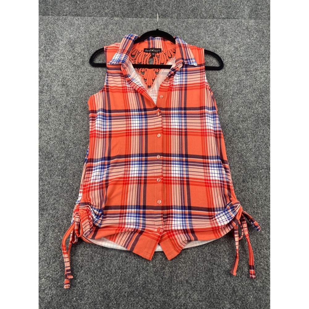 Derek Heart Plaid Sleeveless Button Down Top Womens Medium Orange Crochet Lace M